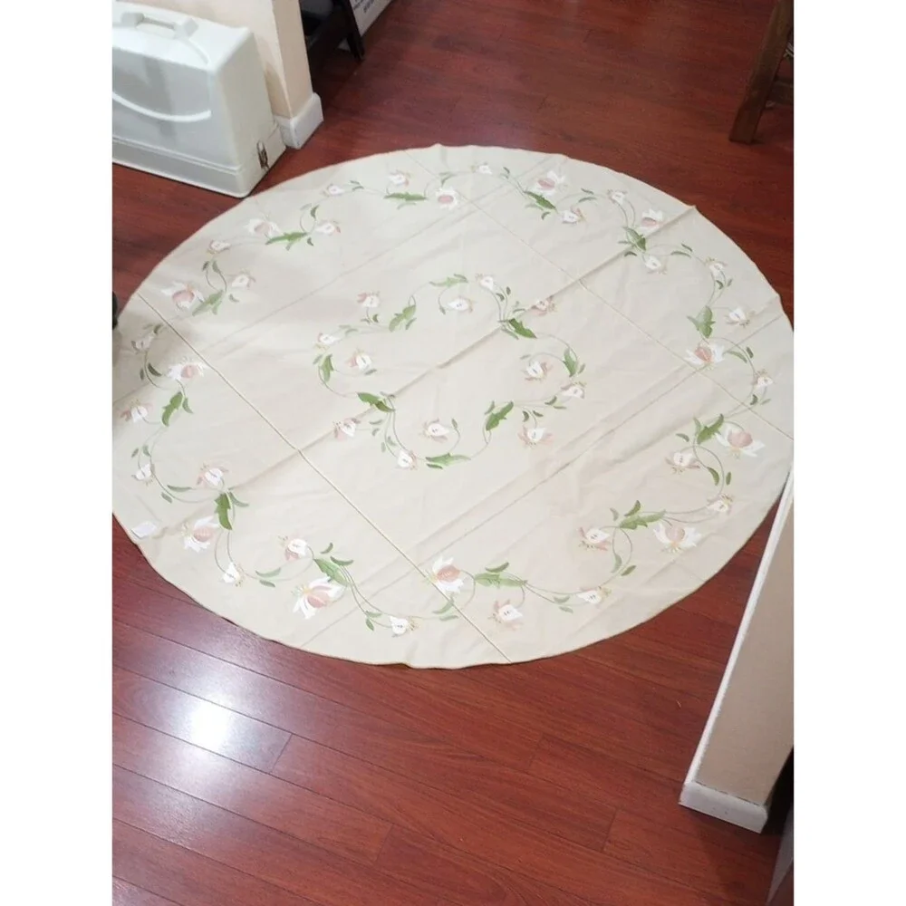 Floral Applique and Embroidered Beige Round Tablecloth, 68